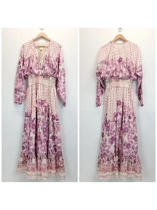 HEMANT & NANDITA Suki Maxi Dress Pink Floral Lace Boho Romantic Cottagecore S - Picture 10 of 13
